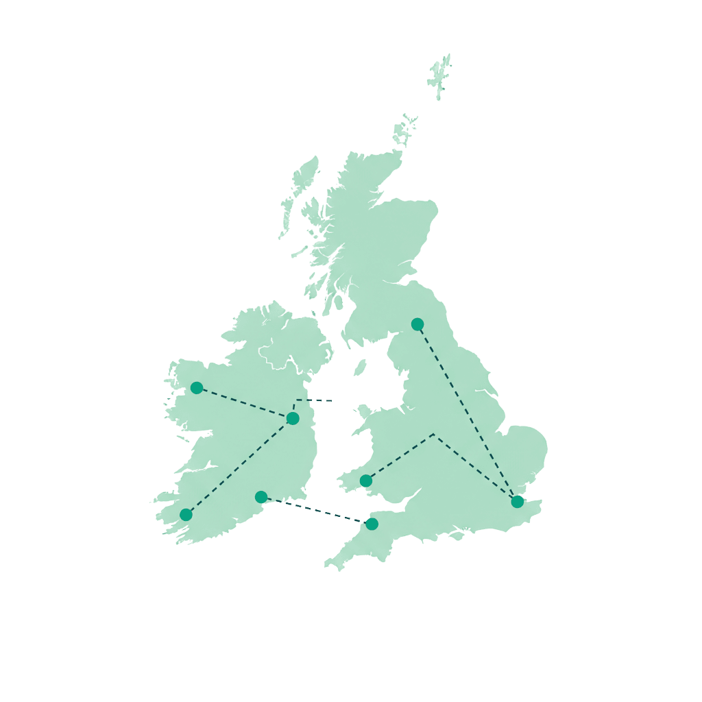 Map of the UK and Ireland with delivery routes to Northern Ireland, Scotland and England